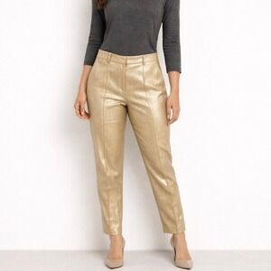 NEW St. John Metallic Twill Pintuck Ankle Pants in Silver Sunflower Gold Size 10